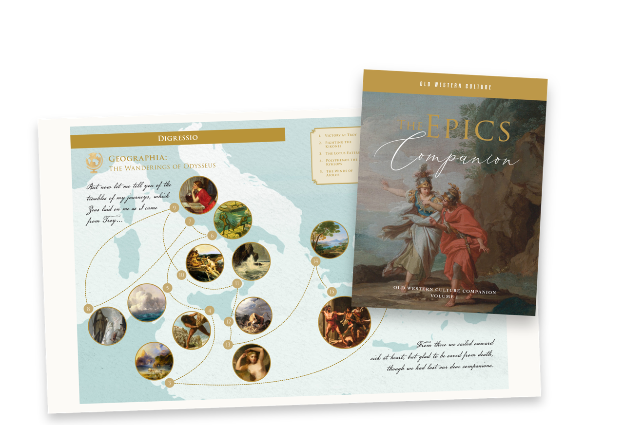 The Epics Companion cover displayed over an illustrated interior spread