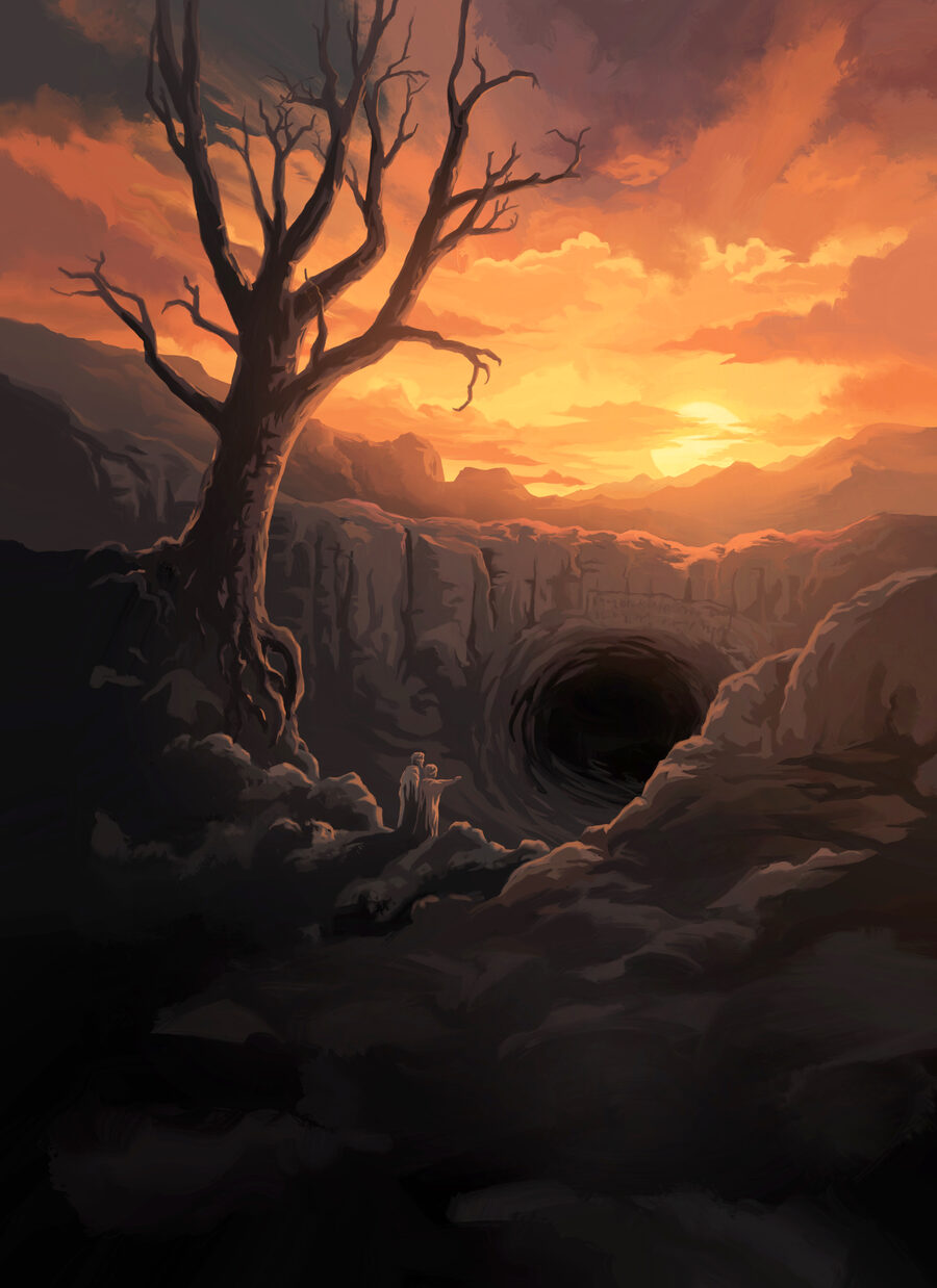 Inferno: Dante and Virgil before the mouth of Hell at sunset